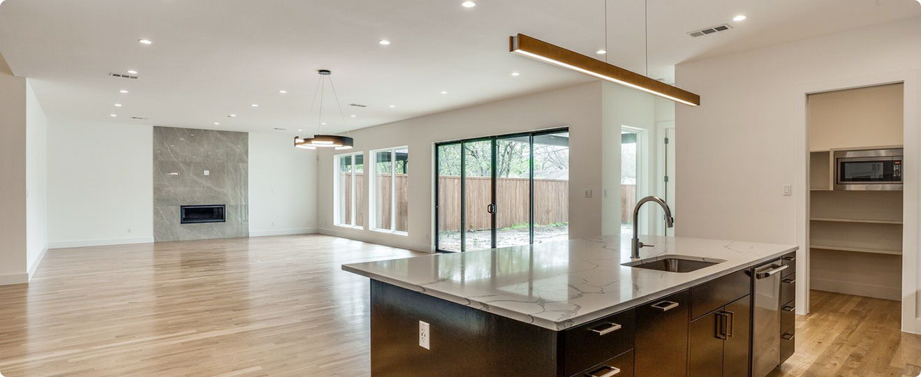 Spacious kitchen with a fireplace in a Bay Area ADU"