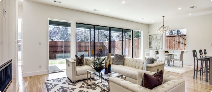 Interior view of a living room created from a garage conversion